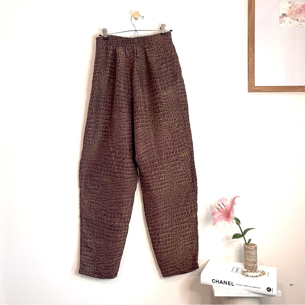 Vintage Soft Brown Silk Animal Print Wide Leg Pant